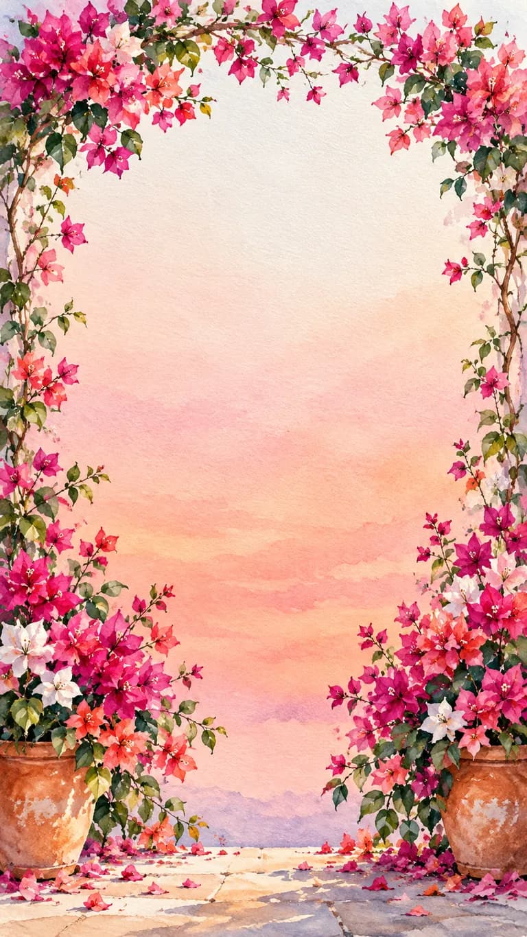Kagzi Phool: Lohri invitation design. Magenta and coral bougainvillea spilling over whitewashed walls, sunny and joyful.