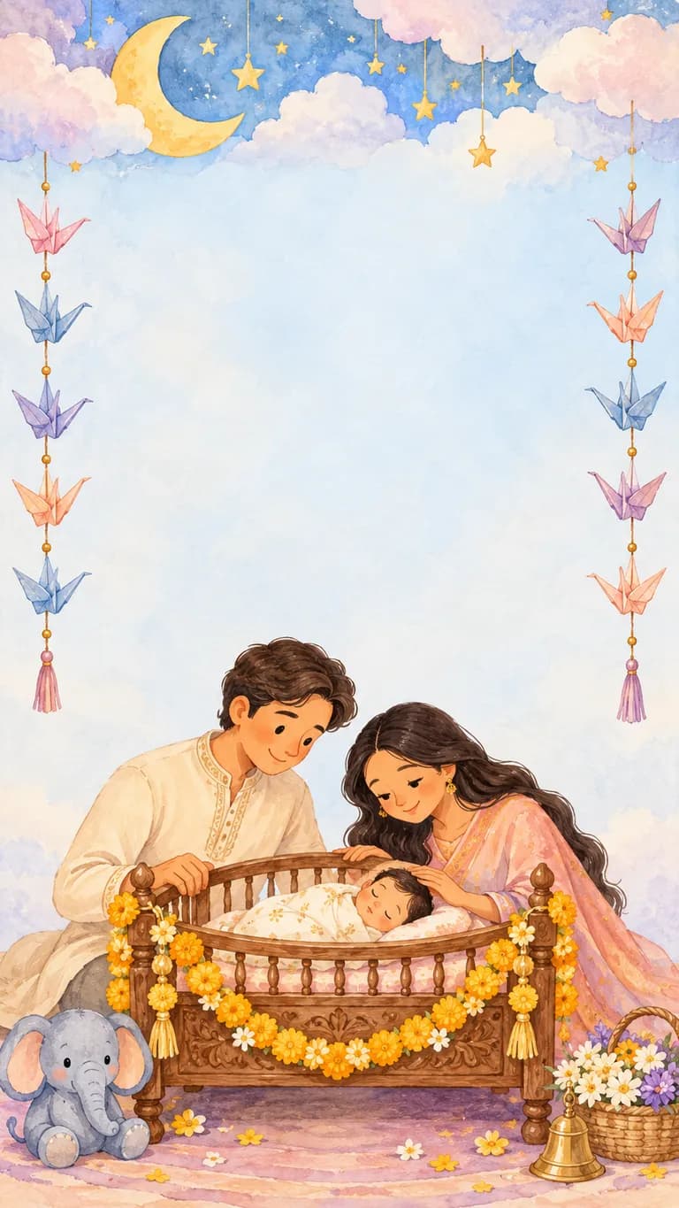 Naamkaran Chanda: Naming ceremony invitation design. Parents bend over a marigold cradle under a crescent moon and paper cranes. No photos needed.