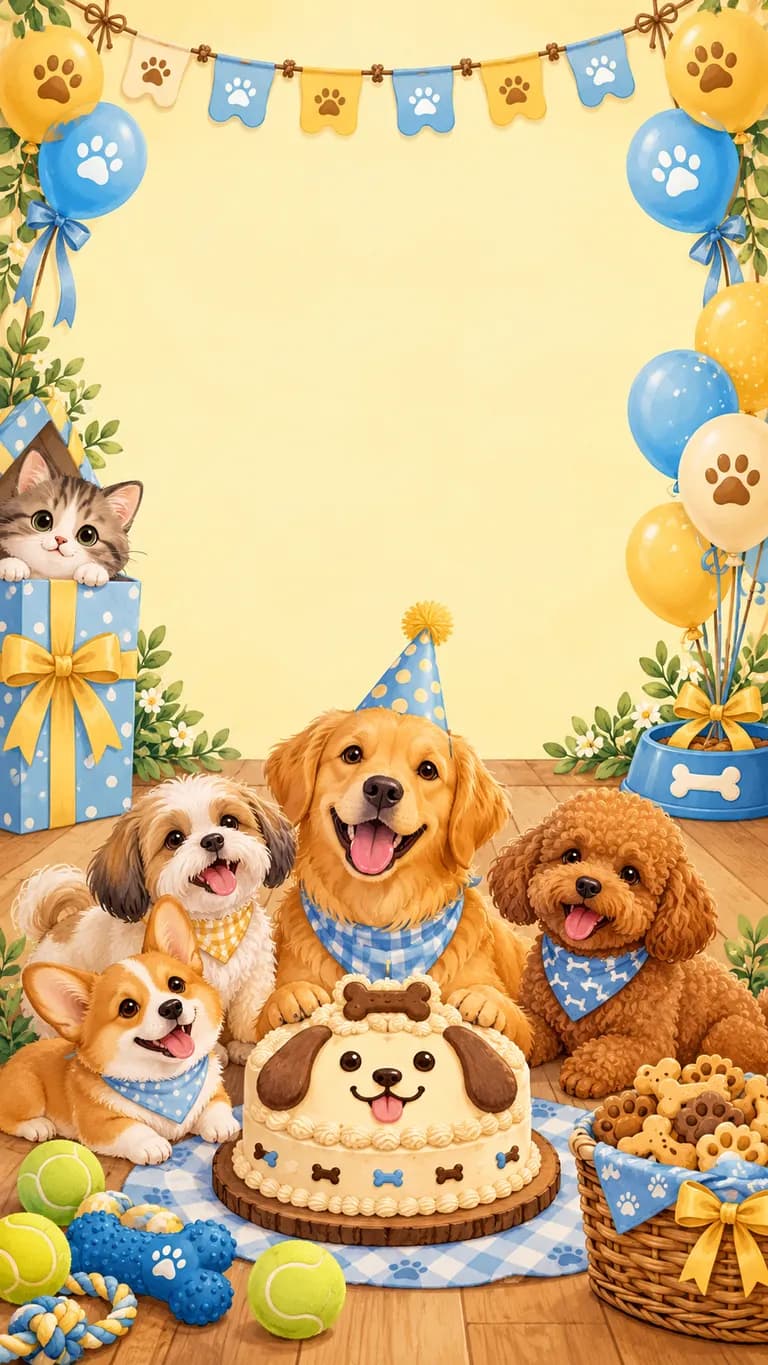 Pet Party: Party invitation design. A birthday party for a dog, with friends, a cake and paw-print balloons. No photos needed.