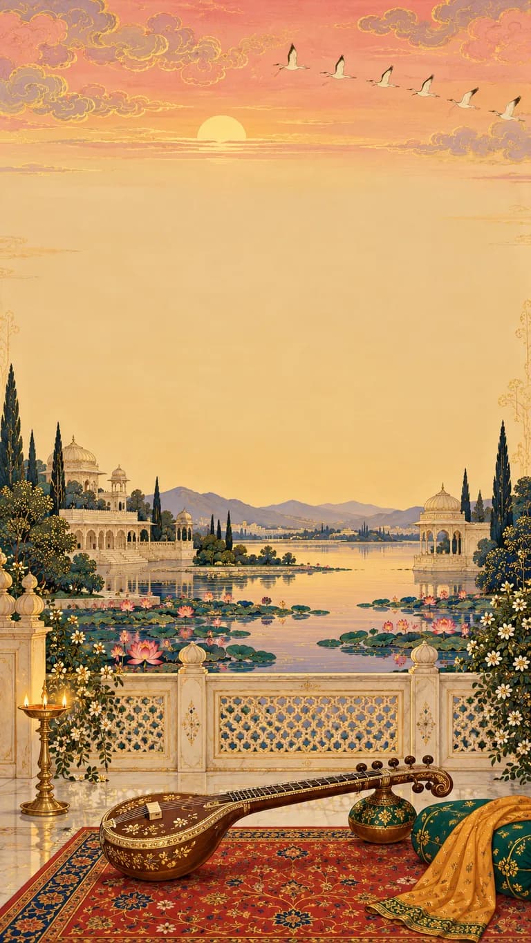 Raagmala: Lohri invitation design. A garland of ragas painted like miniatures, with a veena resting on every page.