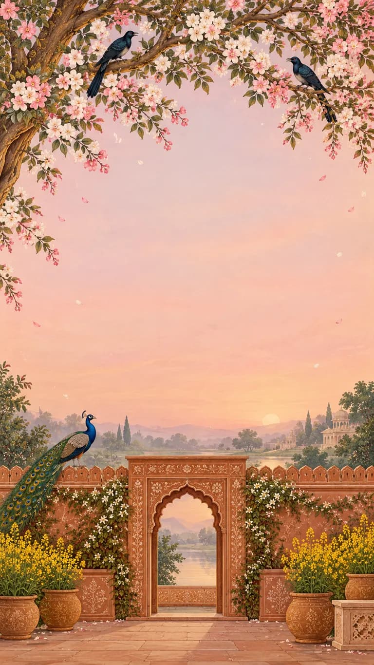 Ritu Chakra: Lohri invitation design. One courtyard tree through India's six seasons, from spring blossom to winter lamps.