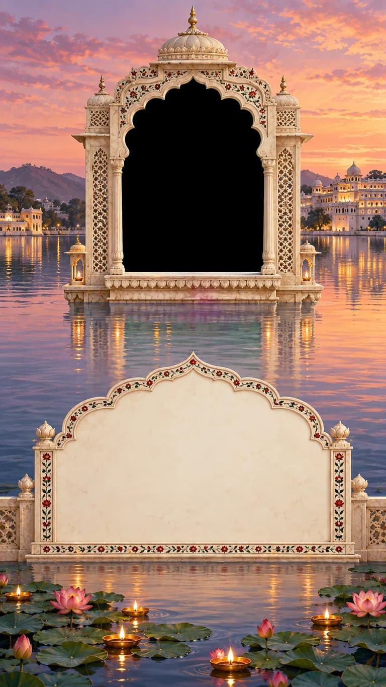 Udaipur Lake: Wedding invitation design. Lake Pichola at dusk, with a white marble jharokha for each celebration.